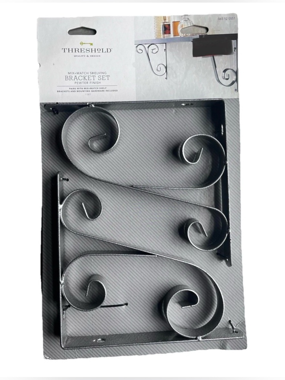 Threshold Pewter Shelf Brackets Set Swirl Metal Wall Mount 7” Decor